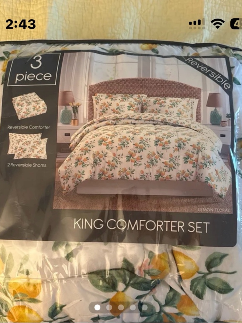 Lemon Floral King Reversible 3 Piece Comforter  Set - White & Yellow